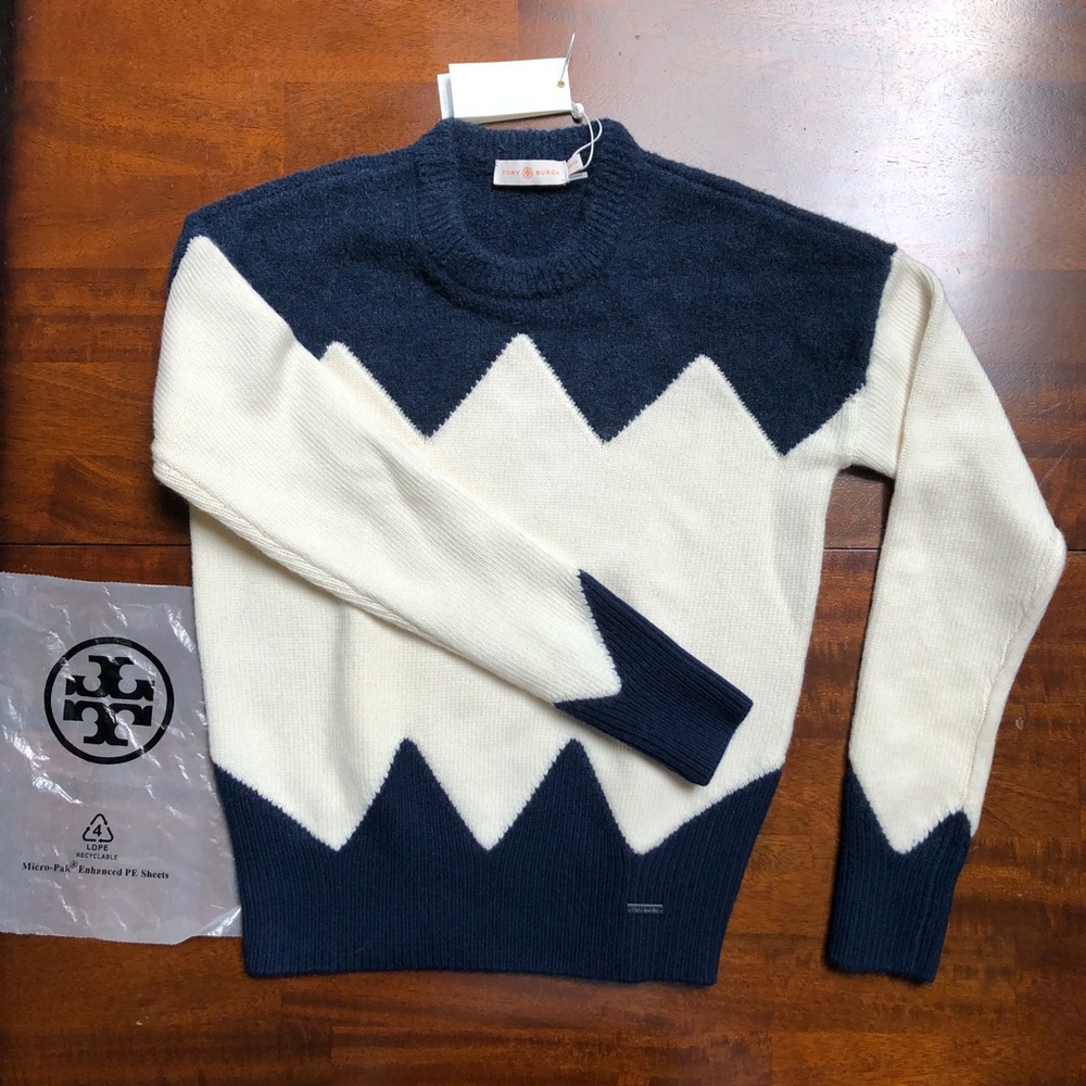Tory Burch Sweater NWT XS Navy and Ivory Wool - Picture 2 of 5